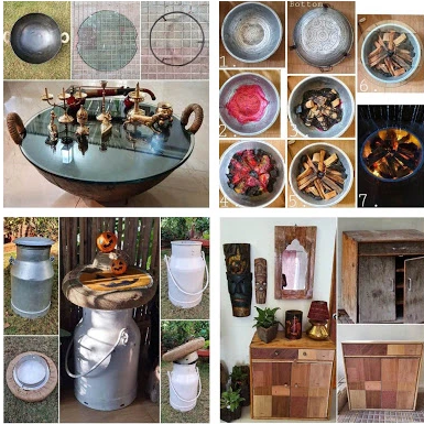 A table from an old kadai and
A stool from a rustic milk can.